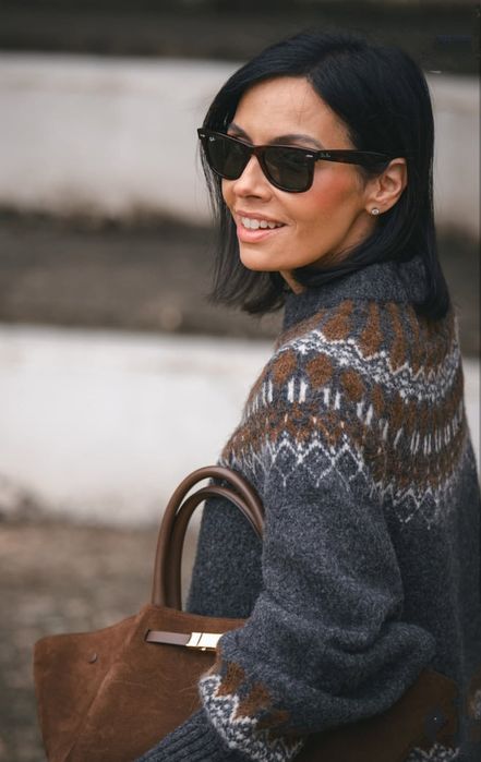 Zara sweter żakardowy grafit s 36 norweski print