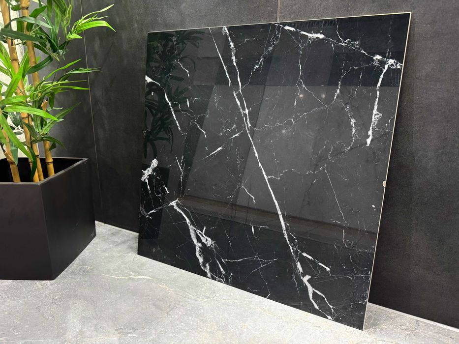 Gres 60x60 czarny marmur polerowany SREBRNA ŻYŁKA | Wysoki połysk