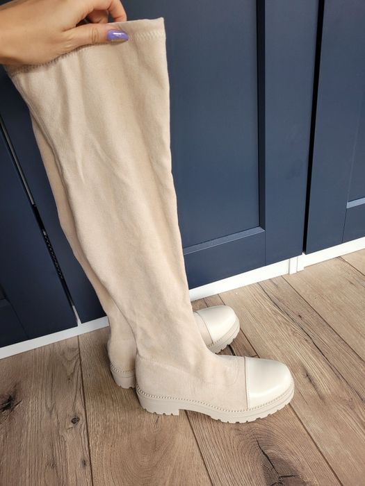Kozaki wysokie trapery buty koty jasny beż zamsz 37