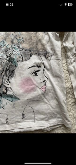 Bluzka koszulka biała długi rękaw nadruk 7/8 lat