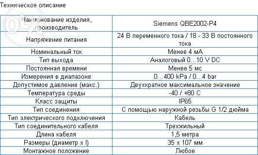 Датчик давления Siemens QBE2002-P4