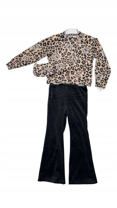 Dres welurowy dla dziewczynki komplet zestaw beżowy nowy 98-104