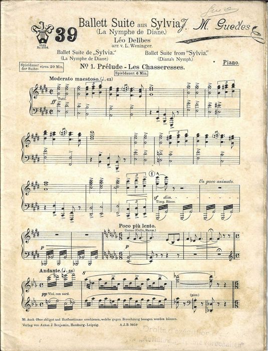 Sylvia - Leo Délibes - Partitura para Orquestra  do Prelúdio n.º 1 (Les Chassresses)
