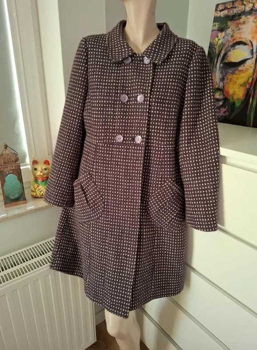 42 XL wełniany fioletowy płaszcz w kratkę jesienny na jesień Tweedowy