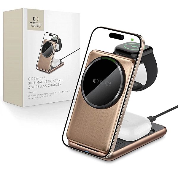 Ładowarka indukcyjna QI15W-A42/3w1 z MagSafe do urządzeń Appple - złot