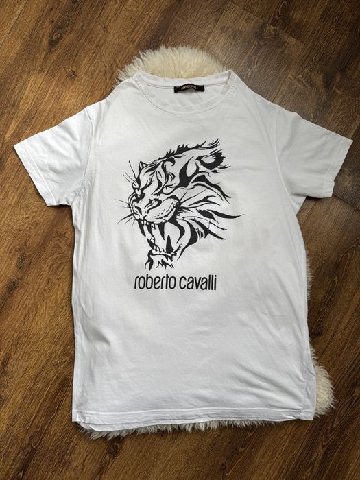 Męski biały T-shirt z okrągłym dekoltem Roberto Cavalli, rozmiar XXL