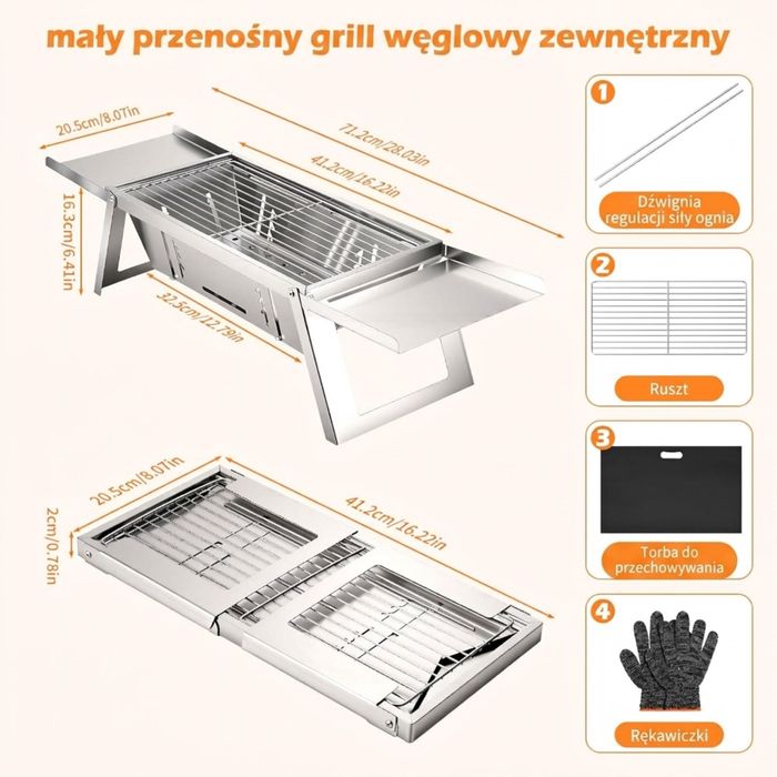 Składany grill węglowy przenośny kemping piknik plaża + torba rękawiczki