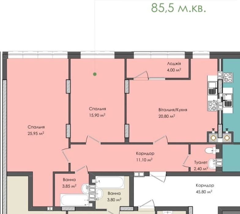 2-кімнатна квартира за адресою вул. Молодіжна (площа 85 м²) - Atlanta.ua - фото 11