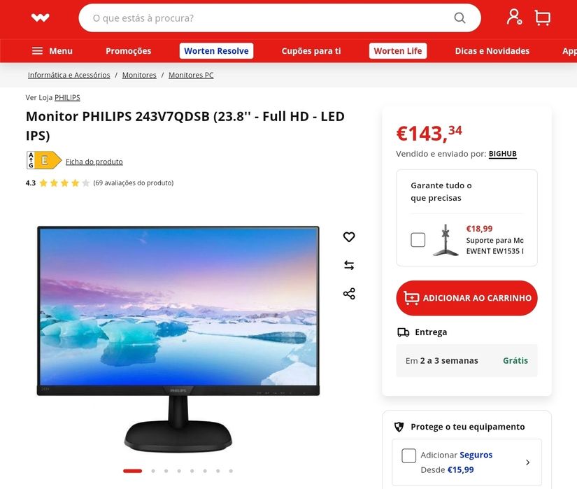 Monitor Philips 24" Full HD (243V) — Como Novo + Cabos e Suporte Originais
