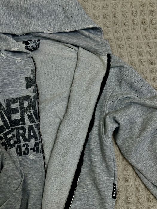 Grey Melange Zip-Up Hoodie "EMERGENCY GENERATION 2057"