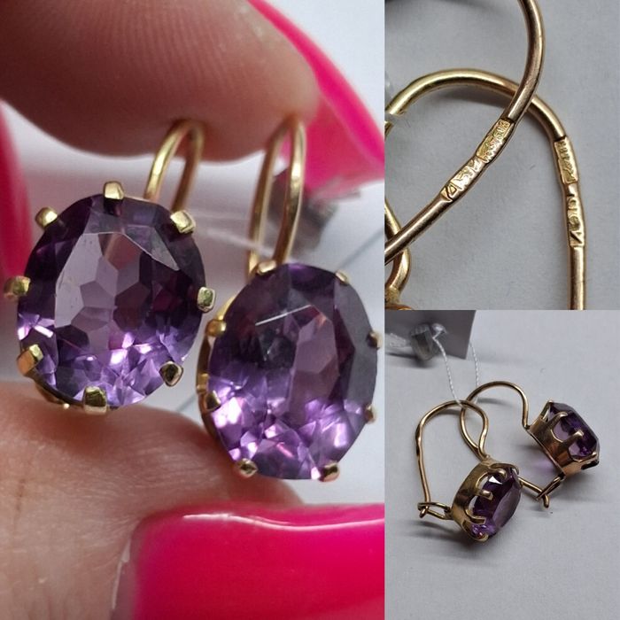 Золотые серьги с аметистом советское золото 583