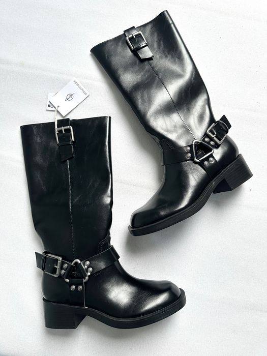 ZARA czarne kozaki biker boots wysokie eko skóra klamra NOWE 37