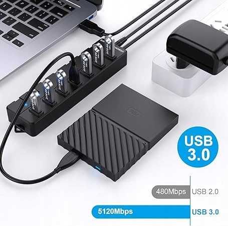 Koncentrator USB 3.0 z zasilaczem,7 portów, aktywny rozdzielacz USB 5