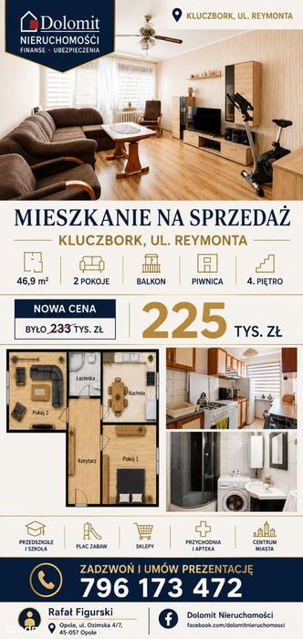 2 pokoje | 46,9 m² | Balkon | Centrum Kluczborka | Do wprowadzenia.