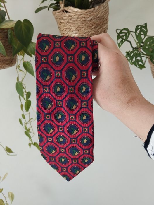Męski jedwabny krawat 100% silk, kolorowy, czerwony we wzory, kolor wina, 9,5 cm Tibnor