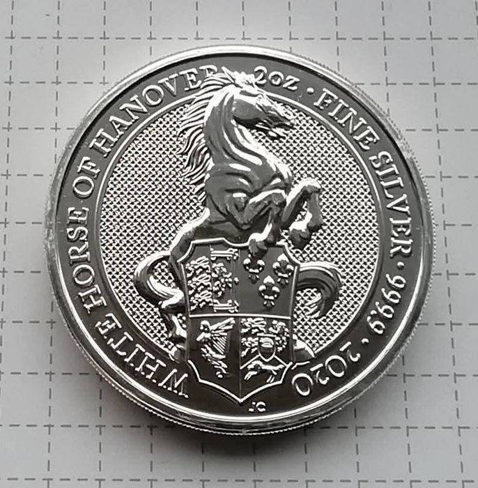 Велика Британія 5 фунтів 2020р. Білий кінь Ганновера. 2 унції. СРІБЛО.