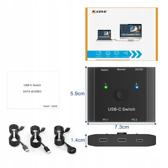 Przełącznik USB C 2 w 1 KCEVE C201B KVM 2 laptopy 1 monitor 4K 120 Hz