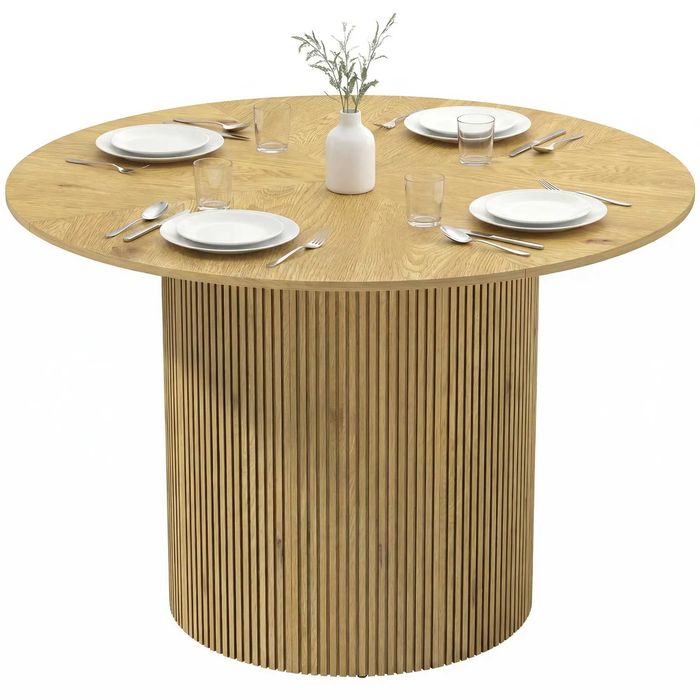 Mesa de Jantar Redonda Moderna para 4-6 Pessoas, Mesa de Cozinha de 110 cm com Base Cilíndrica Canelada, Carvalho