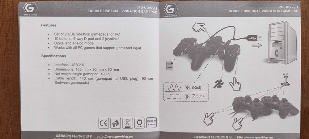 Gamepad USB Duplo com vibração dupla da Gembird
