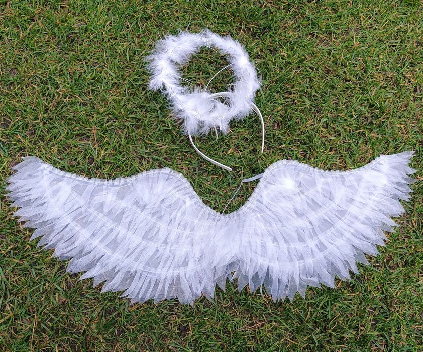 Piękny zestaw Anioł skrzydła tiulowe świecące i aureola