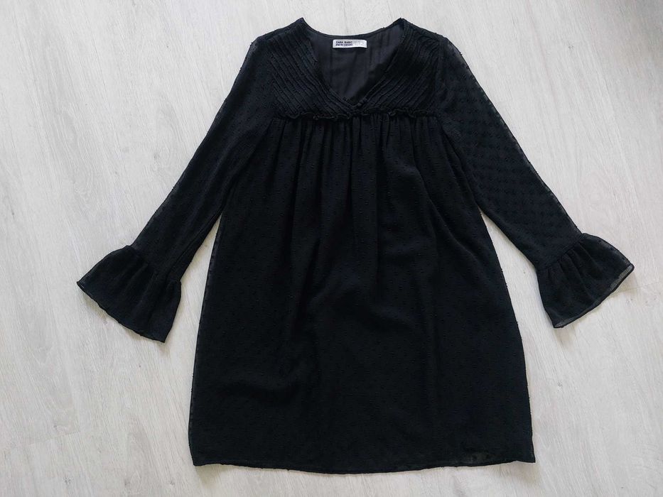 Czarna sukienka z haftem z tkaniny plumeti z długim rękawem Zara 36 S