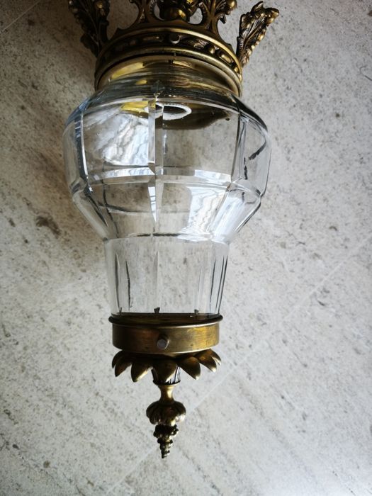 Candeeiro Suspensão Antigo / Lanterna de Hall em Bronze e Cristal