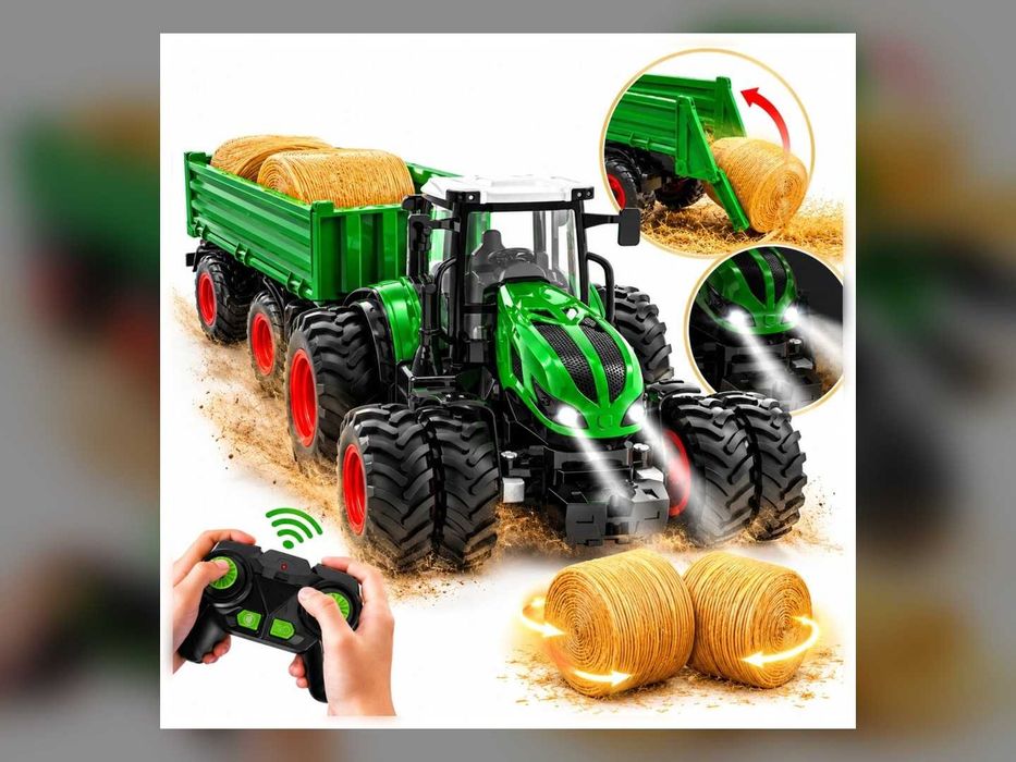 Nowy Traktor Zdalnie Sterowany RC z Przyczepą Ciągnik na Pilot Światła 2,4 GHz Farma 3+