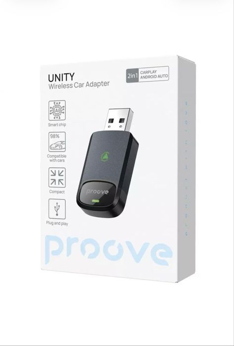 Бездротовий автомобільний адаптер Proove Unity Carplay/Android Auto; штучний інтелект; сумісний з 98% автомобілів.
