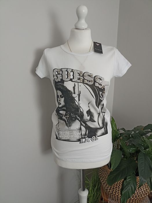 T-shirt damski biały cekiny Guess roz.S/M