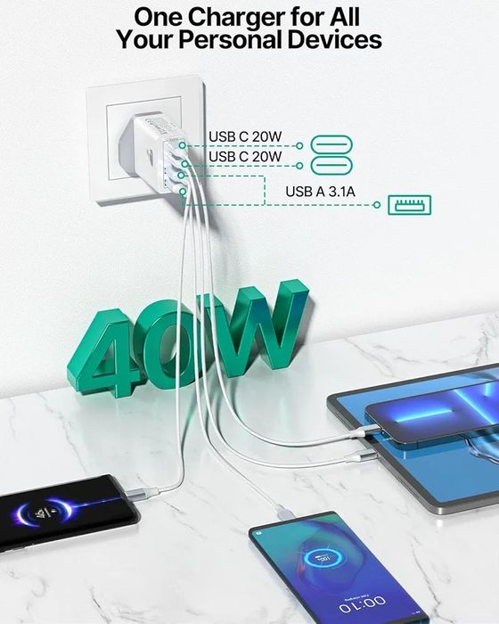 4 portowa szybka ładowarka do telefonu 40w 2xusb c 2x usb a wtyczka uk