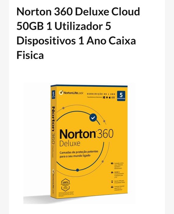 Norton 360 Deluxe Cloud 50GB 1 Utilizador 5 Dispositivos 1 Ano Caixa