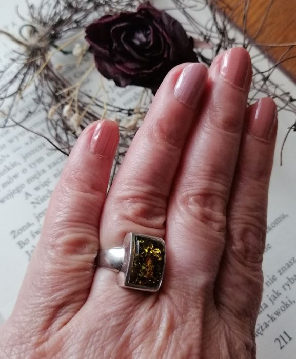 Kpl srebrny bursztyn zielony kolczyki wisiorek pierścionek 13 srebro