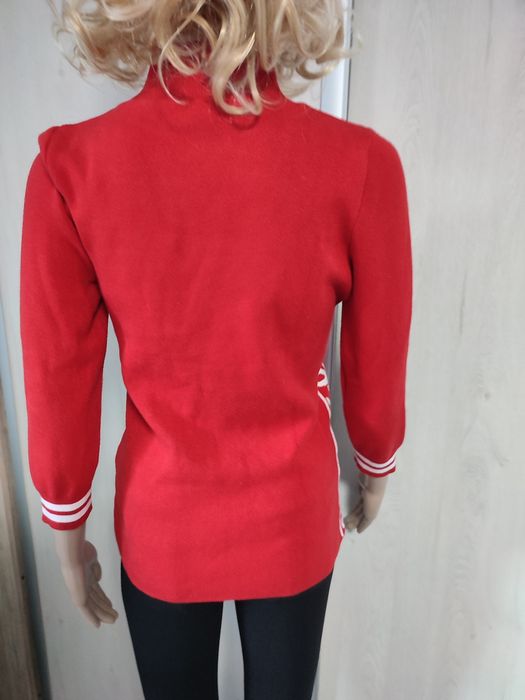 Sweter damski, czerwony, białe wstawki