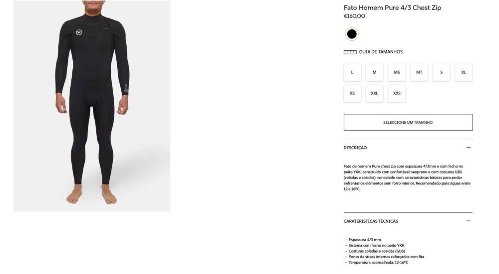 Fato Neopreno Deeply Pure 4/3 Chest Zip Preto Tamanho M