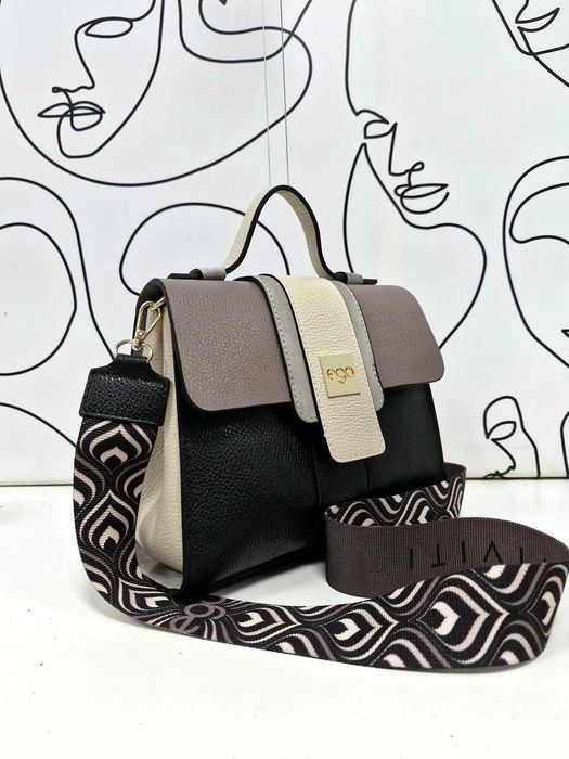 Torebka teczka listonoszka skóra czarna tricolor taupe