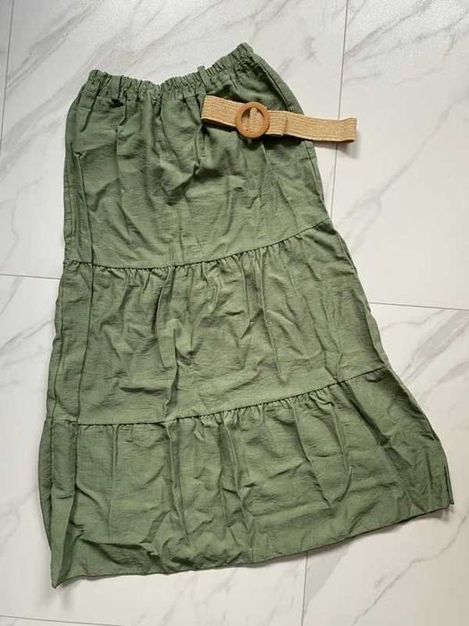 Zielona Spódnica Maxi z Wiskozy 100% Boho z paskiem Włoska