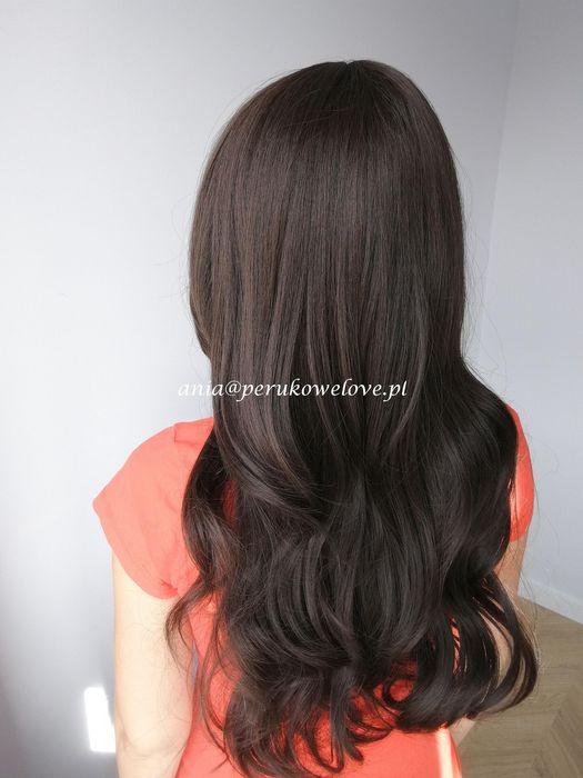 Peruka czekoladowy BRĄZ z grzywką włosy jak naturalne na co dzień