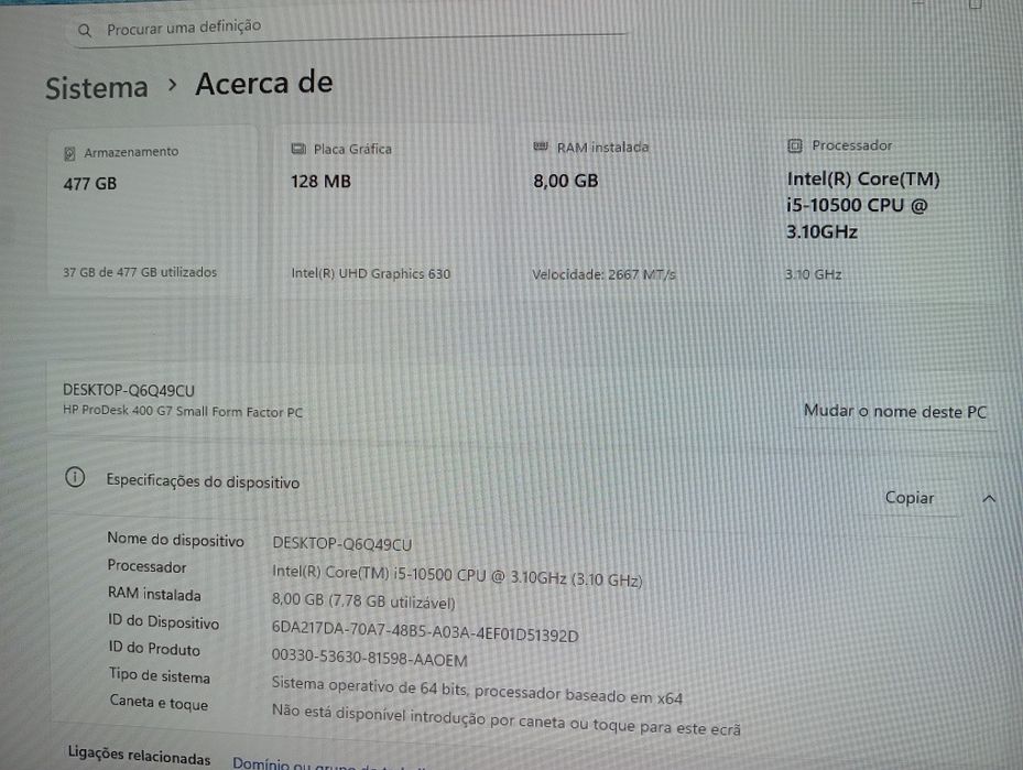 Computador HP Prodesk 400 G7 SFF I5 10500.
Processador	Inte