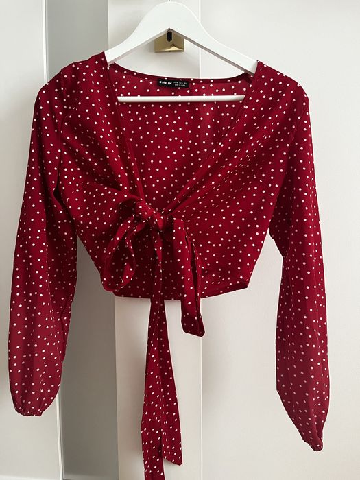 Bordowa bluzka węzeł kropki Boho shein XS