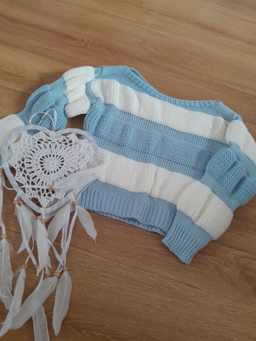 Sweter sweterek w paski dla dziewczynki niebieski biały 12 lat 146 152