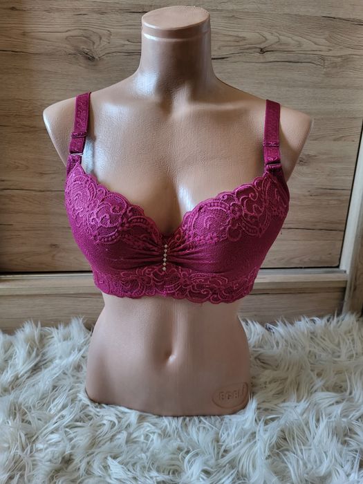 Bordowy biustonosz stanik 40/90 koronka push up fiszbiny 65 B/C