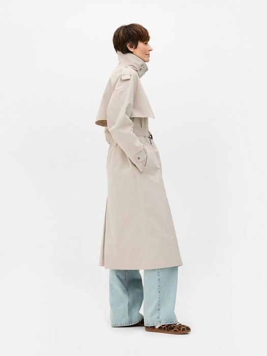 Długi prochowiec trencz z kołnierzem i paskiem do regulacji w talii L