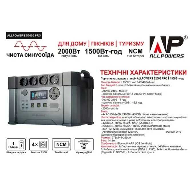 Портативна електростанція ALLPOWERS S2000 PRO 2400Вт, 1500Вт⋅год