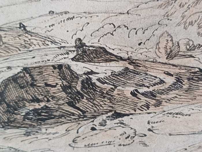 Desenho a pena de August Geist (1858) - Paisagem campestre com igreja