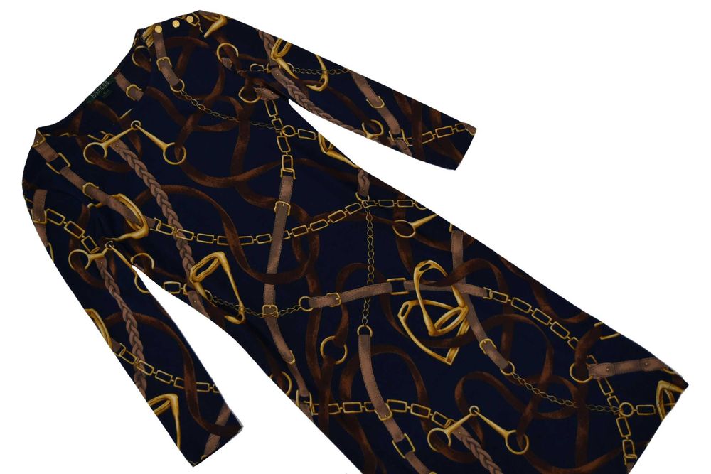 RALPH LAUREN sukienka damska jeździecki wzór ołówkowa midi wygodna L