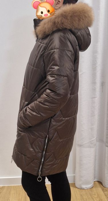 Czekoladowa brązowa polska kurtka zimowa z naturalnym lisem, r.40