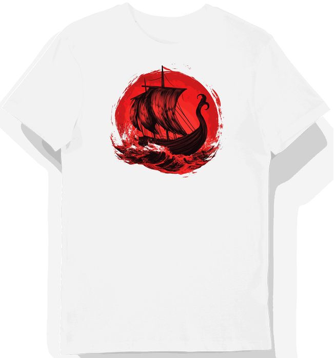 Koszulka męska biała z motywem nordyckiego drakkara M