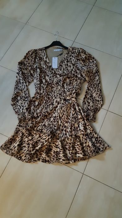 Nowa sukienka elegancka wyjściowa S panterka brąz beż By Clara