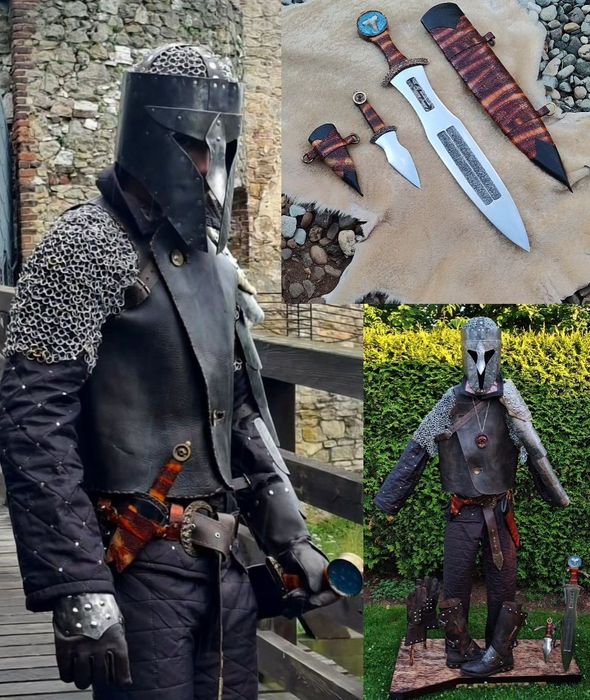 Ręcznie wykonana Zbroja. Ręcznie kuty miecz z Zębem Rekina oraz sztylet. Ręcznie wykonana zbroja inspirowana wiedźminem. Zbroja cosplay.