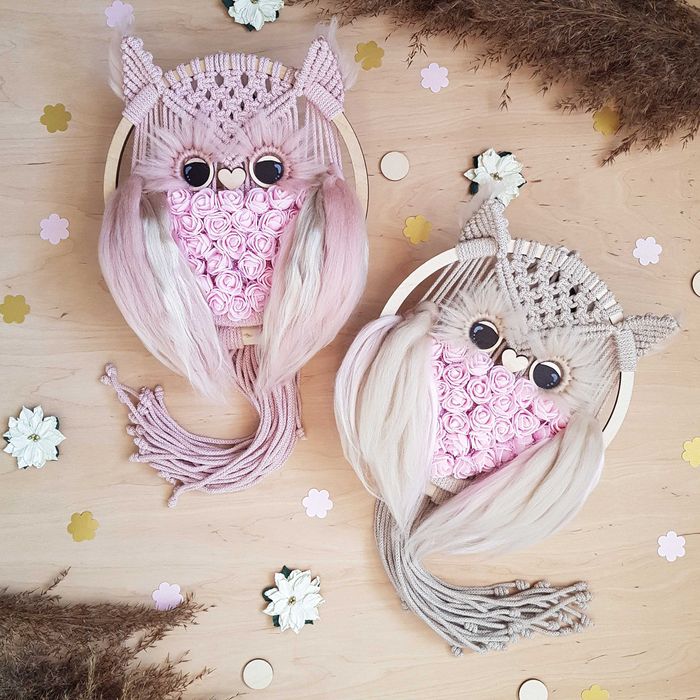 Sowa sówka makrama pudrowy róż beż prezent handmade rękodzieło